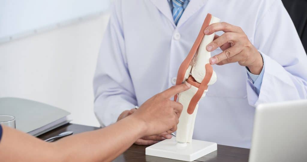 A surgeon explains total joint replacement with a model of a knee joint
